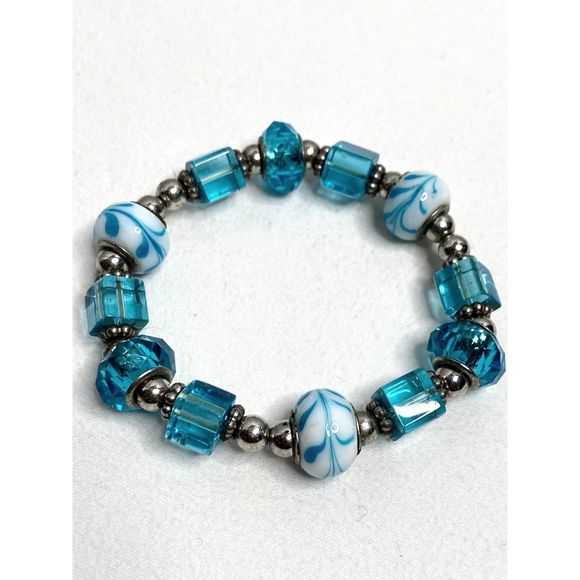 Stretch Bracelet Silver Tone Aqua Blue Multi Shape Iridescent White Floral Beads - Picture 3 of 8